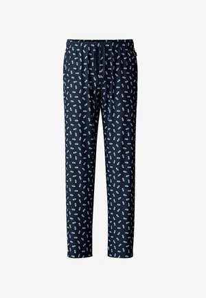 Marine broeken met een elastische tailleband en koord; hebben een herhalend patroon van lichtblauwe en witte bootvormen. Glad stof.