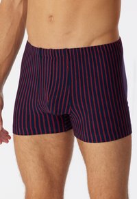 Pantaloni boxer blu navy con strisce verticali rosse, realizzati in un tessuto morbido, con cintura elastica e design aderente.