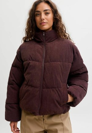 Femme portant une veste matelassée en velours côtelé brun foncé avec un col montant et un pantalon beige, debout avec une main dans la poche devant un fond uni.