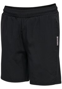 Svarta atletiska shorts i lättviktig tyg. Har resårmidja och en liten märkesetikett på sidan. Slät textur.