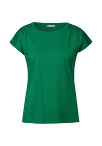Short-sleeve green women's t-shirt with a round neckline and slight gathers on shoulder seams, plain design.