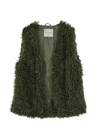 Fuzzy, mouwloos vest in donkergroen met een gestructureerd, langharig oppervlak. Heeft een open voorkant en een gladde binnenvoering.