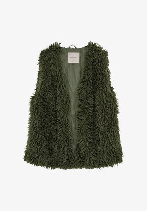 Pälsig, ärmlös väst i mörkgrön med en texturerad, långhårig yta. Har en öppen framtill och en slät innersida.