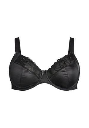Soutien-gorge noir avec armatures et finition satinée. Présente des accents en dentelle en haut et au centre, des bretelles réglables et une texture de tissu lisse.