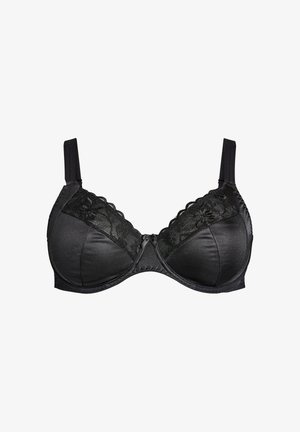 Soutien-gorge noir avec armatures et finition satinée. Présente des accents en dentelle en haut et au centre, des bretelles réglables et une texture de tissu lisse.