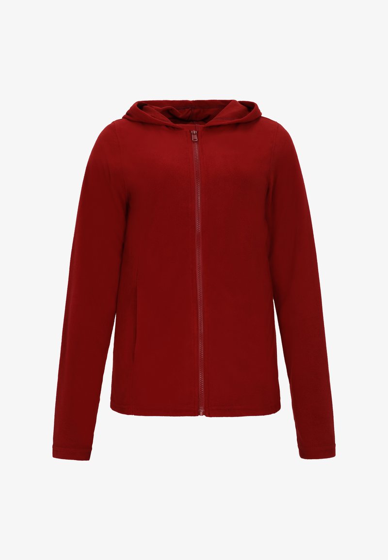 Raudona zip-up striukė su kapišonu. Pagaminta iš minkštos, lengvos medžiagos, turi ilgas rankoves ir lygų paviršių. Paprastas dizainas be raštų.