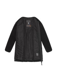 Chaqueta de forro polar negra con abertura frontal, forro suave y etiquetas de la marca visibles en el interior del cuello y en la parte inferior del lado interior.