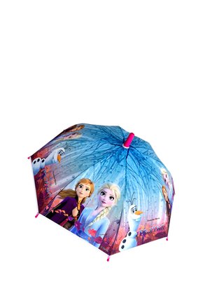 Children's umbrella decorated with Frozen II characters Elsa, Anna, and Olaf against a blue and purple nature background.