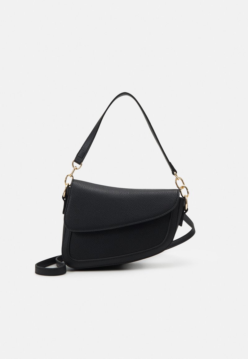 Black leather handbag with a textured finish, featuring a single shoulder strap and gold hardware accents. The design is sleek and minimalist.