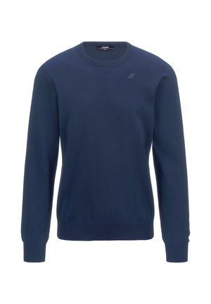 Marineblauwe trui met lange mouwen en een ronde hals, voorzien van geribbelde manchetten en zoom, met een klein tonale logo op de bovenkant van de linkerborst.