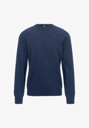 Pull à manches longues bleu marine avec col rond, poignets et ourlet côtelés, présentant un petit logo ton sur ton sur la partie supérieure gauche de la poitrine.