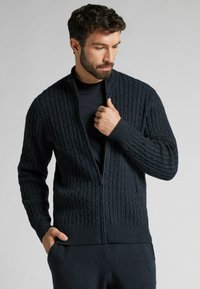 Cardigan zippé en tricot gris foncé avec des motifs en câble, des poignets côtelés et un col montant. Le tissu semble doux et texturé.