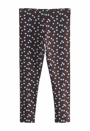 Leggings marron avec des pois bleu clair dispersés, montrés à plat avec une ceinture sans couture.
