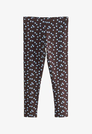 Leggings marroni con pois celesti sparsi, mostrati distesi con una cintura senza cuciture.