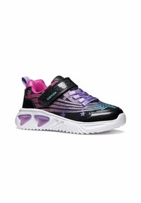 Sneakers per bambini nere e viola con finitura glitterata, dotate di strap con velcro, motivi a stella e suola bianca testurizzata con dettagli colorati.