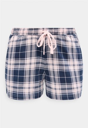 Szorty w kratę w kolorze granatowym i jasnoróżowym, z elastycznym pasem i jasnoróżowym sznurkiem wiązanym z przodu.