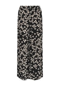 Pantalons larges noirs à fleurs, avec une coupe ample, présentant des motifs floraux blancs et roses clairs. Taille élastique pour un confort optimal.