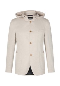 Giacca beige con cappuccio in tessuto morbido, dotata di bottoni in legno, una tasca sul petto e due tasche frontali. Design semplice con orlo curvo.