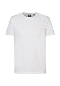 Biała bawełniana koszulka z krótkim rękawem. Na przodzie delikatny wytłaczany wzór motocykla i deski surfingowej. Krój z okrągłym dekoltem.