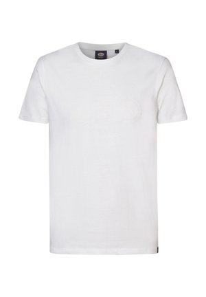 Weißes Baumwoll-T-Shirt mit kurzen Ärmeln. Auf der Vorderseite ist ein dezentes, erhabenes Motiv von einem Motorrad und einem Surfbrett zu sehen. Rundhalsausschnitt.