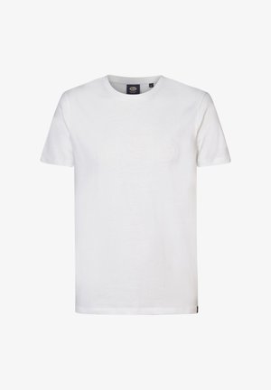 T-shirt blanc en coton à manches courtes. Présente un motif subtil en relief d'une moto et d'une planche de surf sur le devant. Design à col rond.