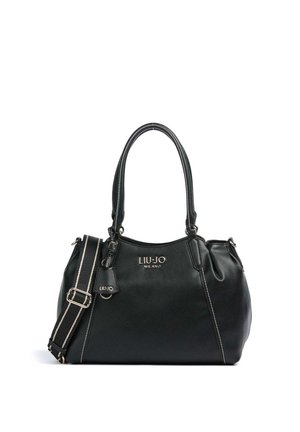 Borsa Liu Jo Milano in pelle nera con doppi manici e tracolla regolabile a righe su sfondo bianco.