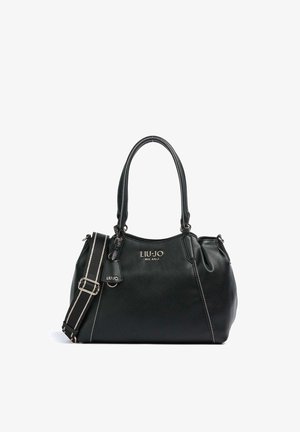 Borsa Liu Jo Milano in pelle nera con doppi manici e tracolla regolabile a righe su sfondo bianco.