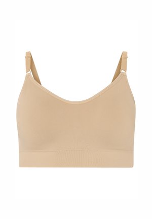 Reggiseno morbido beige senza cuciture con spalline sottili regolabili e fascia elastica larga sotto il seno per il supporto, mostrato su uno sfondo bianco.