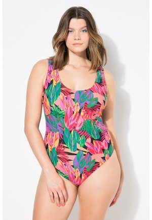 Costume da bagno intero con un motivo di foglie tropicali multicolori su sfondo nero. Tessuto morbido, spalline larghe e scollatura a barca.