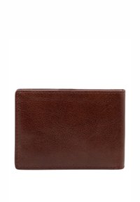 Billetera de cuero marrón con superficie texturizada, forma rectangular, bordes cosidos y un perfil delgado. Sin herrajes ni acentos visibles.