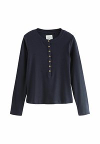 Marinefarbener Langarm-Henley-Shirt aus Rippenstoff, mit rundem Halsausschnitt und sieben Holzknöpfen auf der Vorderseite.