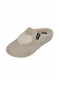 Beige slip-on slipper with a soft, fuzzy texture and a round, plush accent on the upper. Black label with logo on the side.