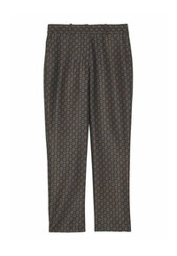 Pantalons à motifs bleu marine avec un design circulaire en orange et crème. Fabriqués en tissu lisse, ils ont une coupe droite.