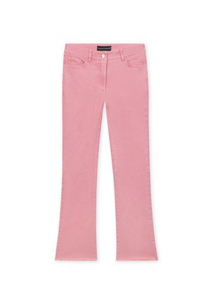 Rosa, aus Baumwollmischung gefertigte Bootcut-Jeans. Mit einem Frontknopfverschluss, zwei Fronttaschen und einem fransigen Saum.