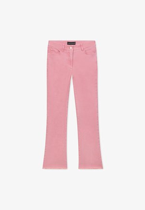 Rosa, aus Baumwollmischung gefertigte Bootcut-Jeans. Mit einem Frontknopfverschluss, zwei Fronttaschen und einem fransigen Saum.