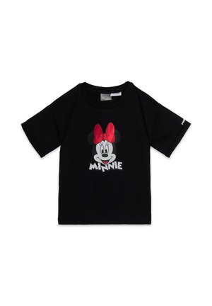 T-shirt in cotone nero con grafica del volto di un personaggio dei cartoni animati con un fiocco rosso e il nome "MINNIE" in lettere bianche in grassetto sotto.