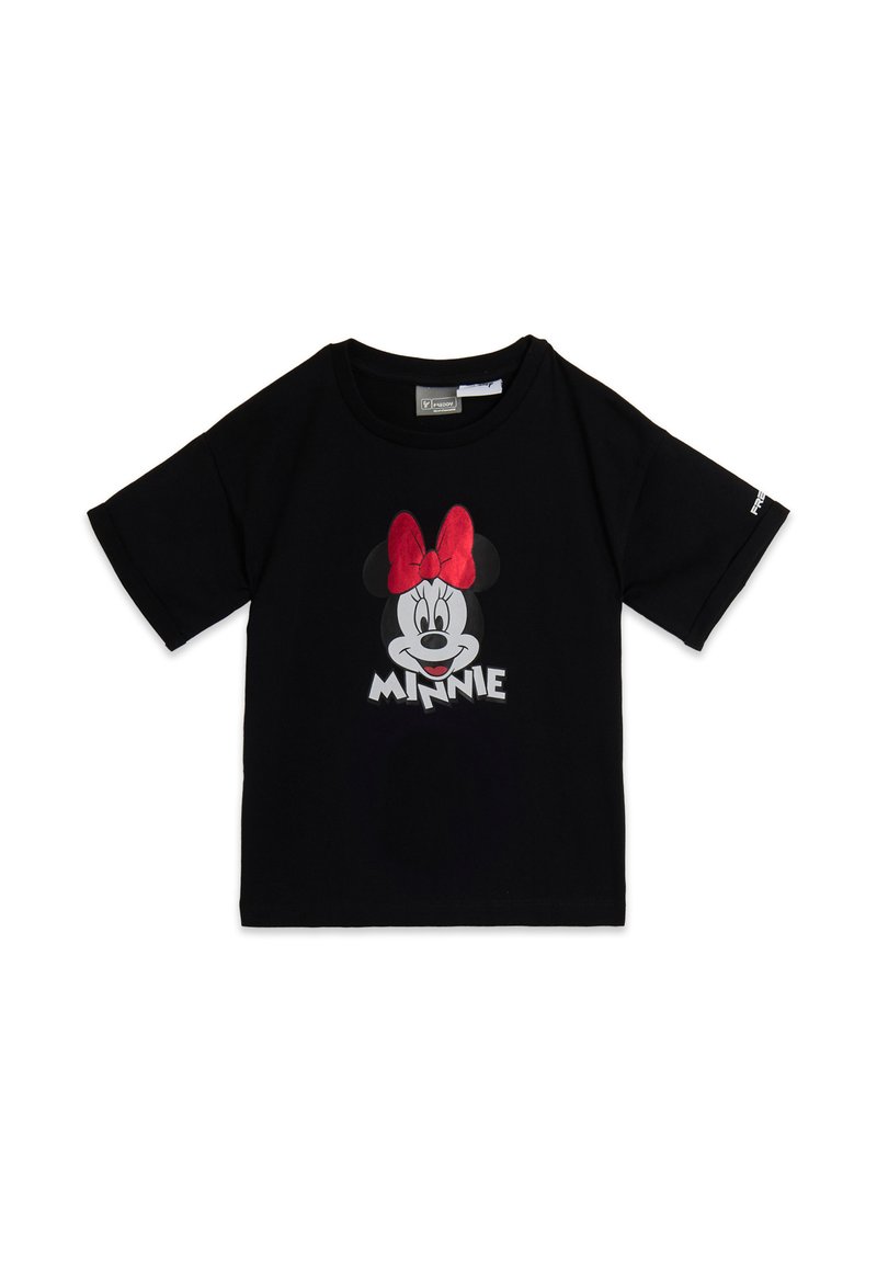 Camiseta de algodón negra con un gráfico de la cara de un personaje de dibujos animados con un lazo rojo y el nombre "MINNIE" en letras blancas en negrita debajo.