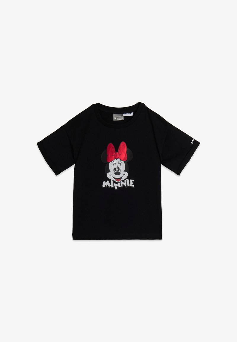 Camiseta de algodón negra con un gráfico de la cara de un personaje de dibujos animados con un lazo rojo y el nombre "MINNIE" en letras blancas en negrita debajo.