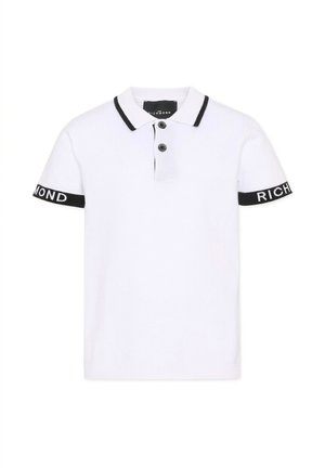 Polo bianca a maniche corte con rifinitura nera sul colletto, due bottoni frontali e bande nere sulle maniche con scritta bianca "RICHMOND".