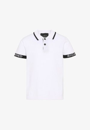 Witte korte mouwen polo met zwarte kraagafwerking, twee knopen aan de voorkant en zwarte mouwbanden met witte "RICHMOND"-tekst.