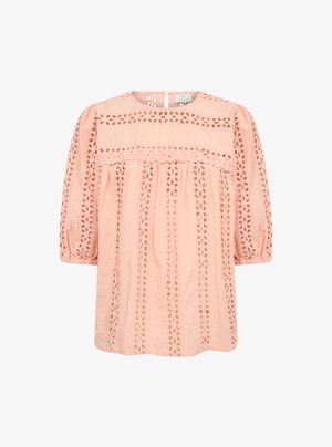 Űrbarack színű blúz kerek nyakkivágással, hosszú puffos ujjakra és bonyolult hímzett szemekre. Laza fazon, a derékrészen ráncolt részletekkel.