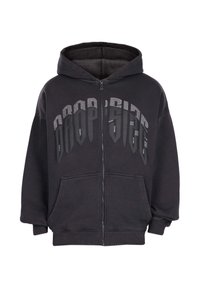 Sort lynlåset hættetrøje med frontlommer og stor "DROP'SIDE" tekst i blandede skrifttyper hen over brystet.