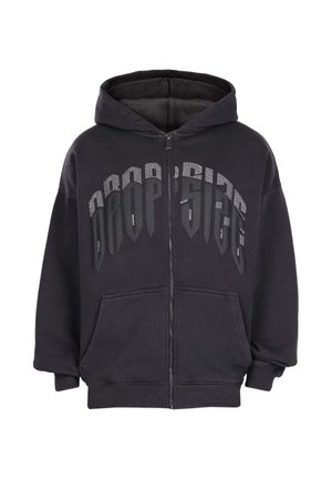 Sweat à capuche zippé noir avec poches avant et grand texte "DROP'SIDE" en polices mélangées sur la poitrine.