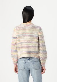 Pull en tricot multicolore avec un motif texturé, présentant un col rond et une coupe ample, vu de dos sur un fond uni.
