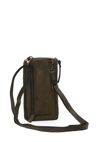 Olive green leather crossbody bag with a rectangular shape, zip closure, adjustable strap, and side pocket detail. Smooth texture.