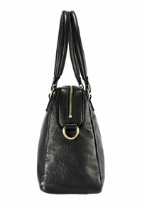 Czarna torebka skórzana o teksturowanej powierzchni z podwójnymi, wyściełanymi uchwytami, złotym zamkiem błyskawicznym u góry oraz złotym detalem w postaci obręczy z boku.