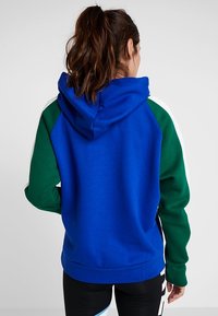 Hoodie med blå kropp, gröna ärmar och vita accenter. Tillverkad av mjukt stoff, har en avslappnad passform och ribbad fåll.