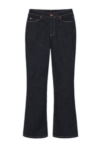 Tummansinisiä bootcut-farkkuja viidellä taskulla, kuparinapeilla ja kontrastivärisillä ompeleilla, aseteltuna tasaisesti valkoista taustaa vasten.