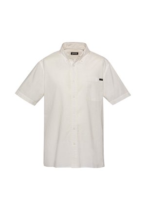 Weißes Hemd mit kurzen Ärmeln, Knopfleiste, Brusttasche mit kleinem schwarzem Etikett und einem Button-Down-Kragen.