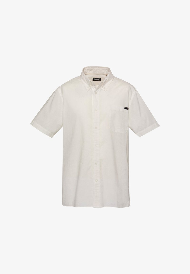 Chemise blanche à manches courtes avec boutons sur le devant, une poche poitrine avec une petite étiquette noire, et un col boutonné.